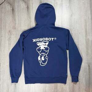Mens Kidrobot Navy Blue Full-Zip Back Graphic Hoodie Y2K Medium Skater Punk